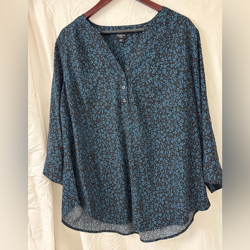 Torrid Harper Blue Black Blouse,  3/4 Sleeves, Size 2